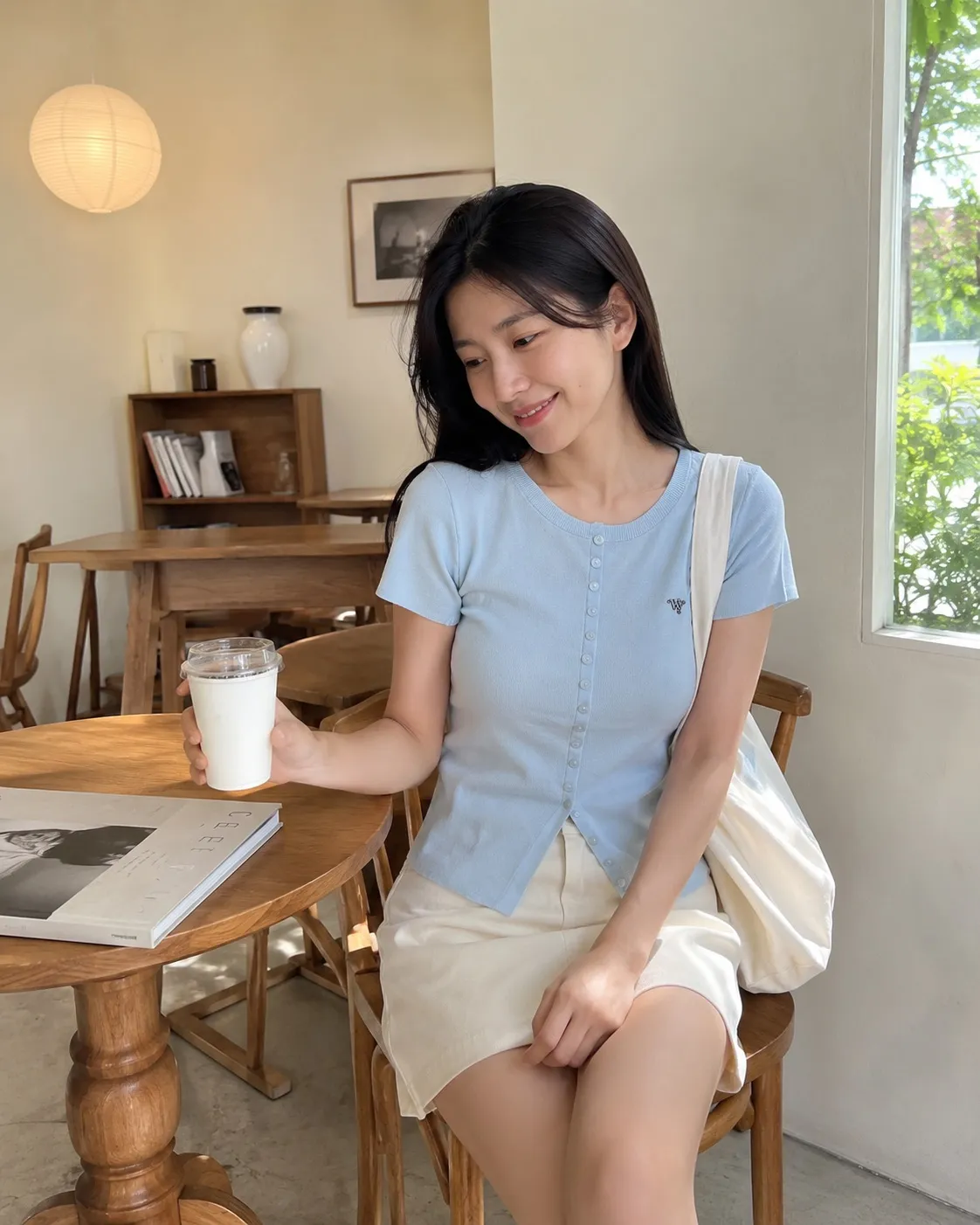 淺藍色短袖針織上衣